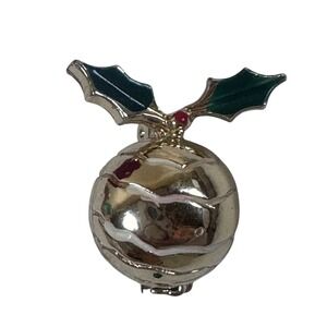 Gold Tone Christmas Ornament Holly Berries Brooch Pin Festive Holiday Jewelry